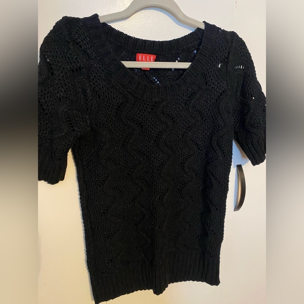 ELLE Women’s Short Sleeve Eyelet Knit Sweater, Black, Size Small